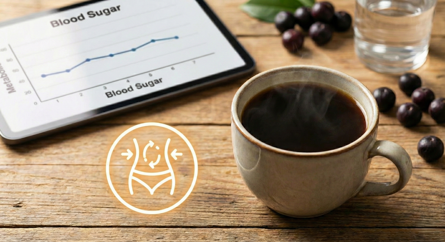 A cup of caffeine-free AmaZai açaí brew, illustrating its blood sugar support benefits with a nearby metabolism icon and a tablet showing a stable glucose chart.