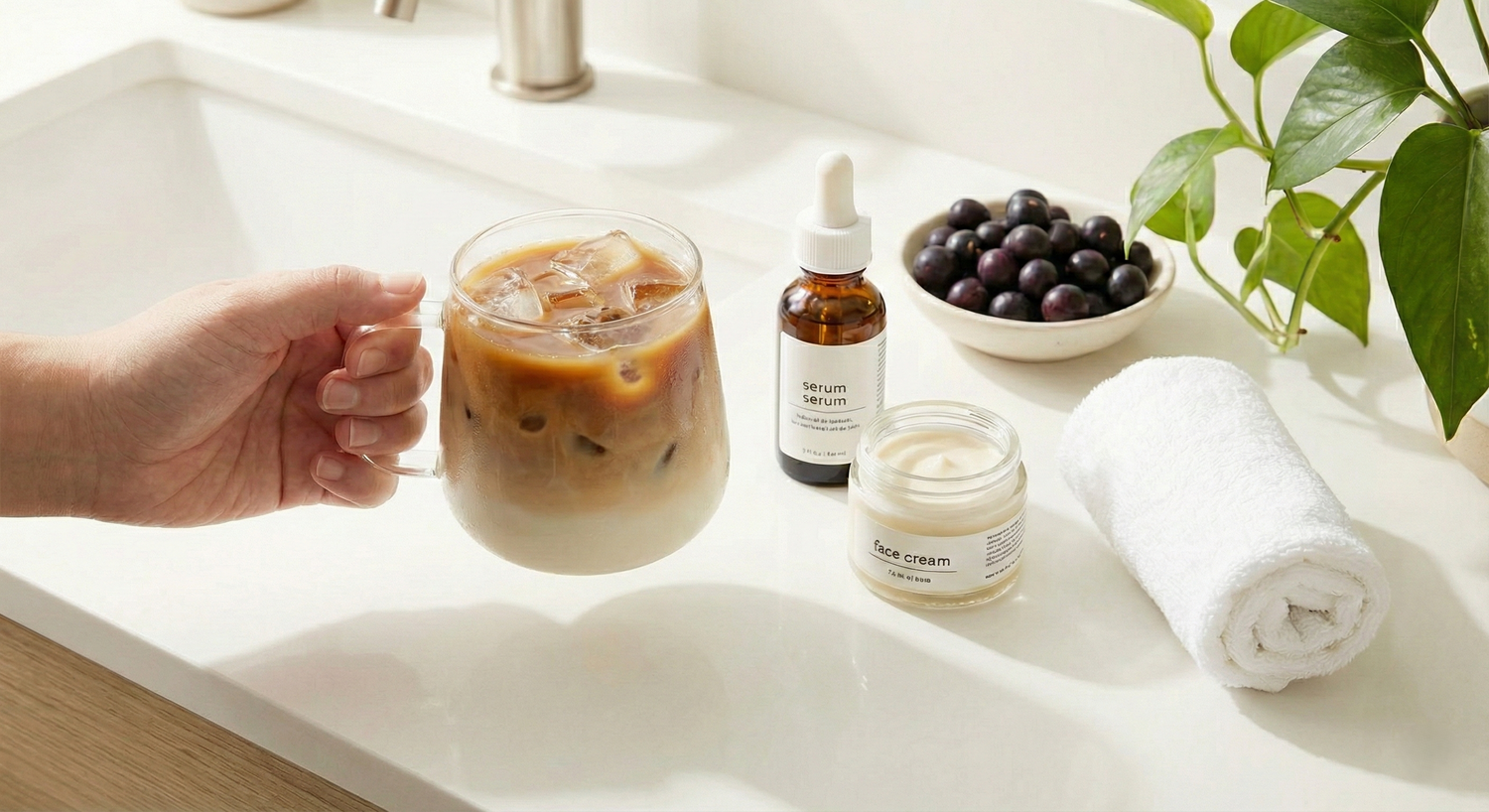 A hand holding a clear glass mug of AmaZai iced latte on a bright bathroom counter next to skincare products, including a serum, face cream, and a bowl of açaí berries