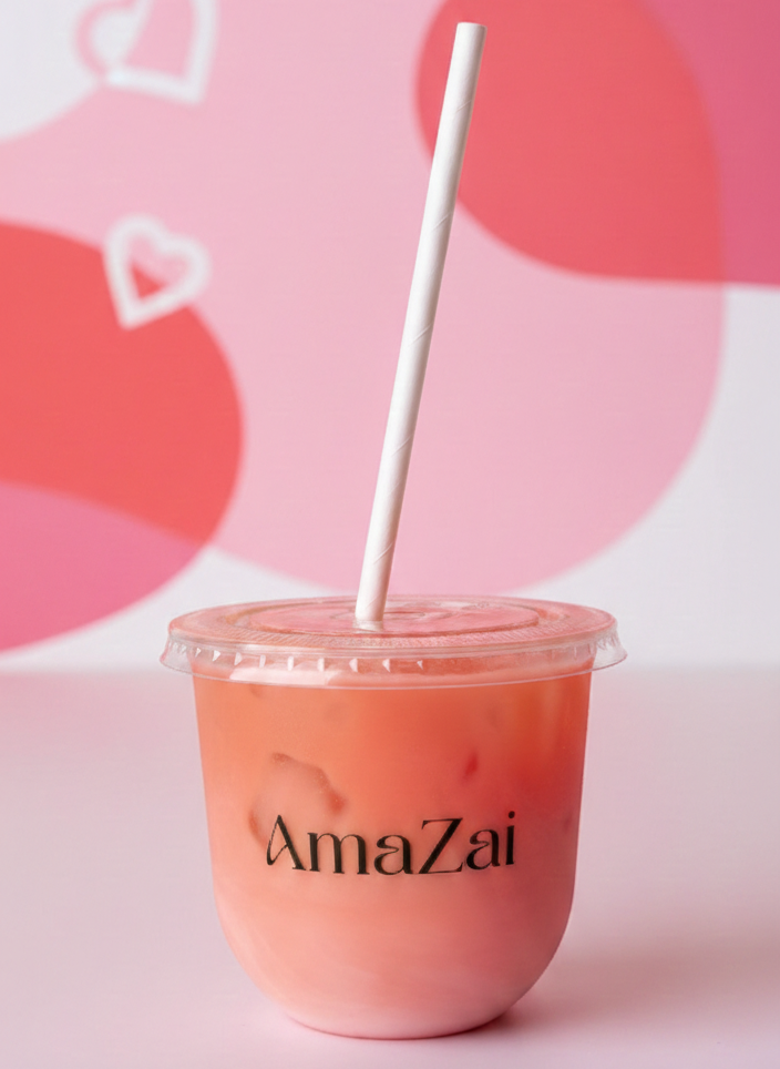 A refreshing iced pink açaí latte made with AmaZai caffeine-free coffee alternative, served in a clear branded cup against a pink heart background