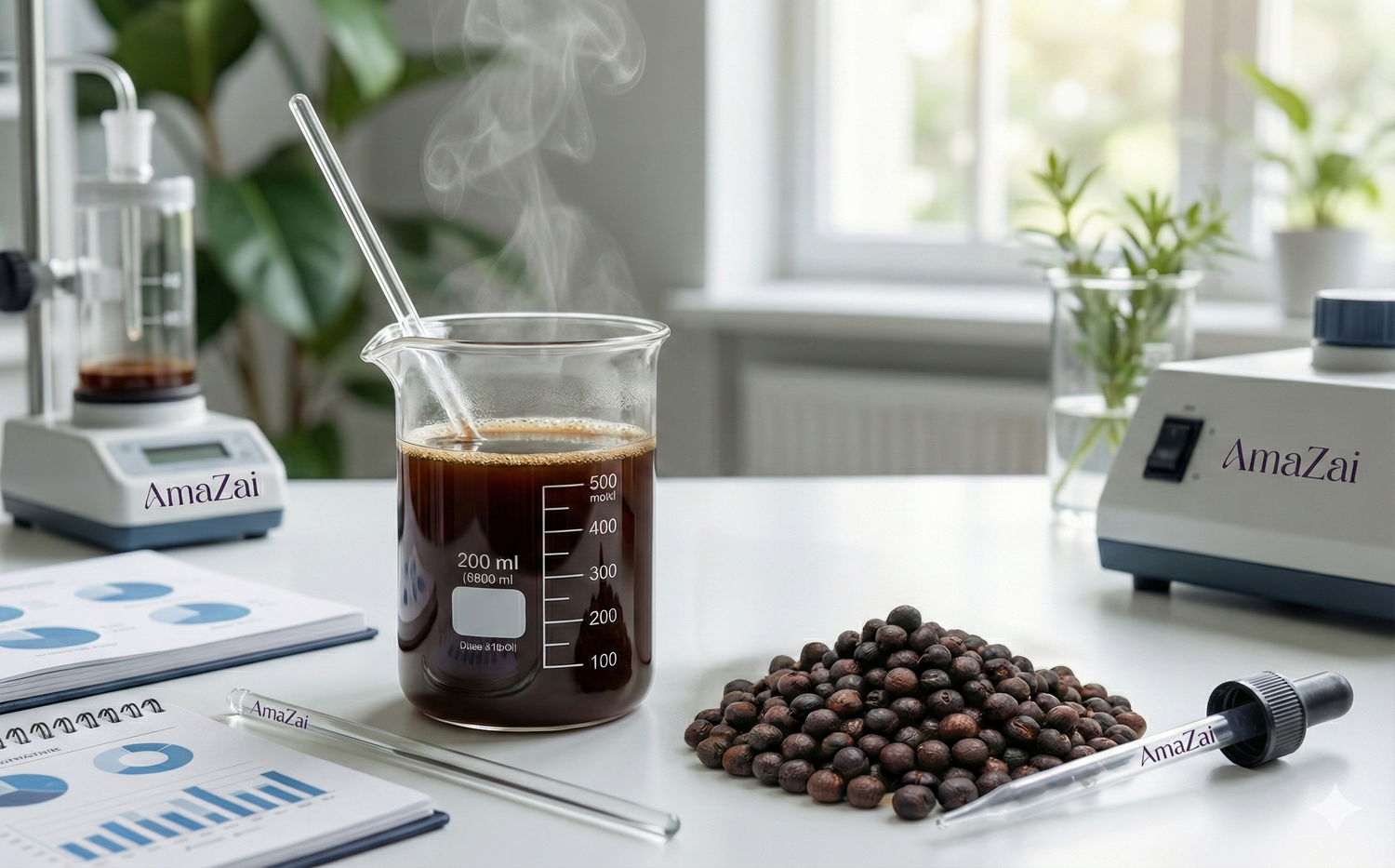 Scientific laboratory setup showing AmaZai's caffeine-free coffee alternative in a glass beaker next to raw roasted açaí seeds and research data