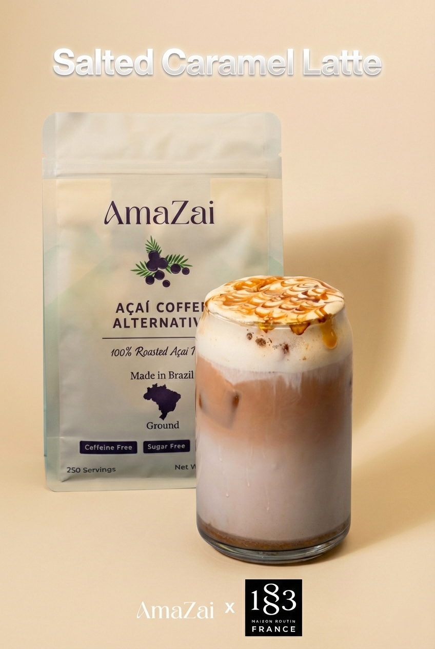 Iced Salted Caramel Latte recipe featuring AmaZai Açaí Coffee Alternative and 1883 Maison Routin Syrups, topped with cold foam and caramel drizzle