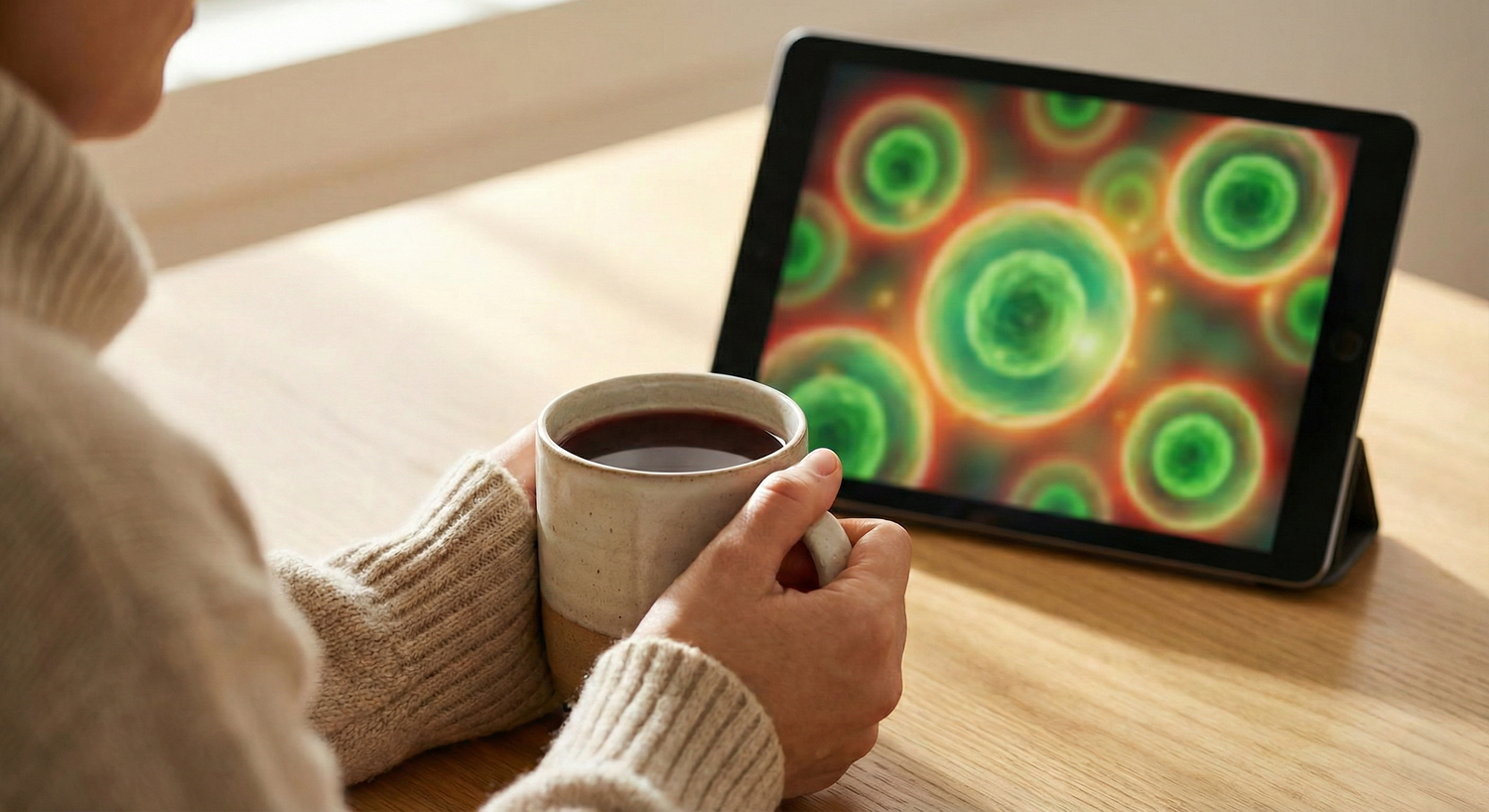 A person in a cozy sweater holds a mug of AmaZai roasted açaí brew, looking at a tablet screen visualizing green healthy cells surrounded by a red glow representing inflammation.